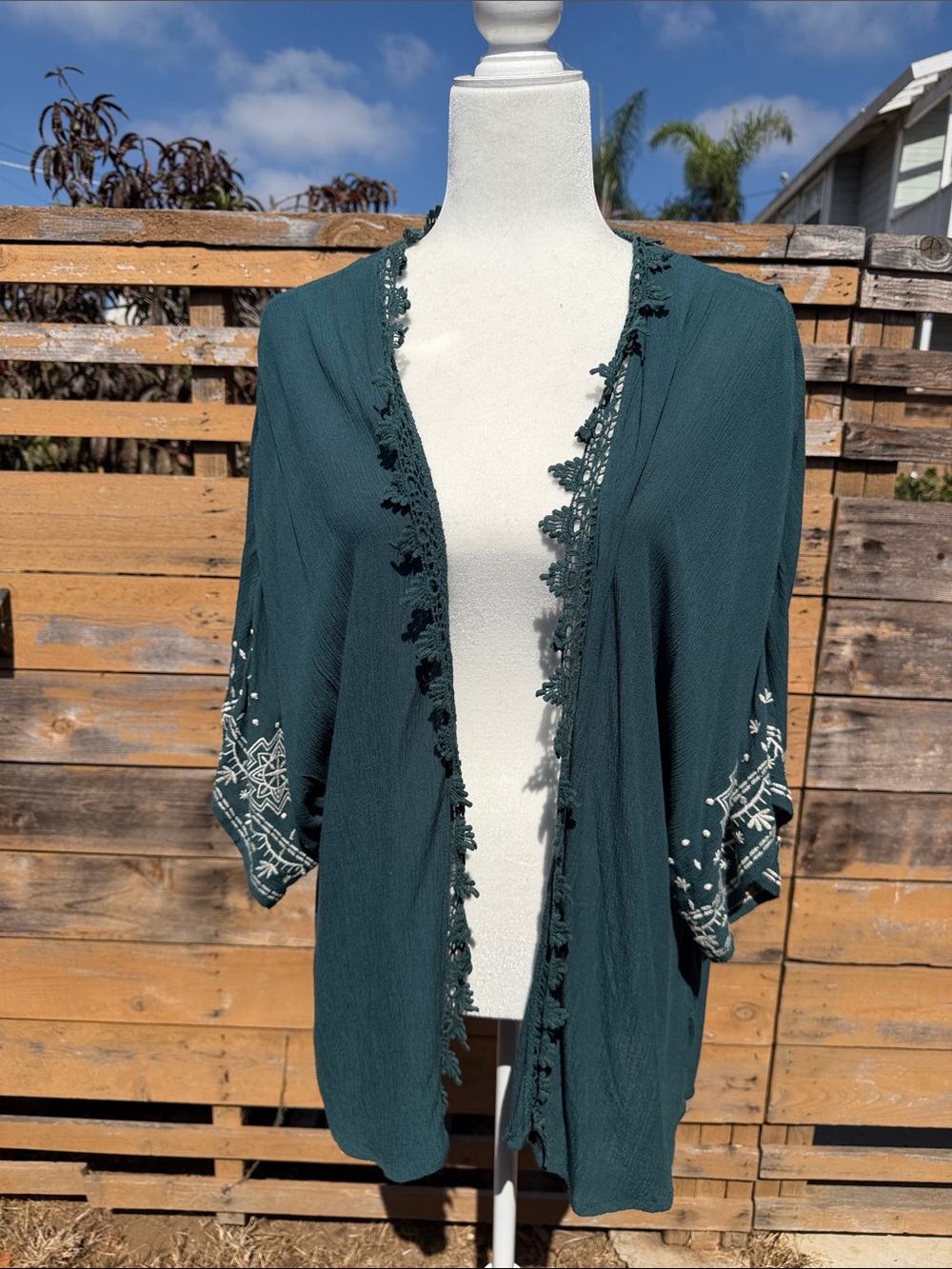 Xhilaration Teal Open-Front Embroidered Kimono Cardigan